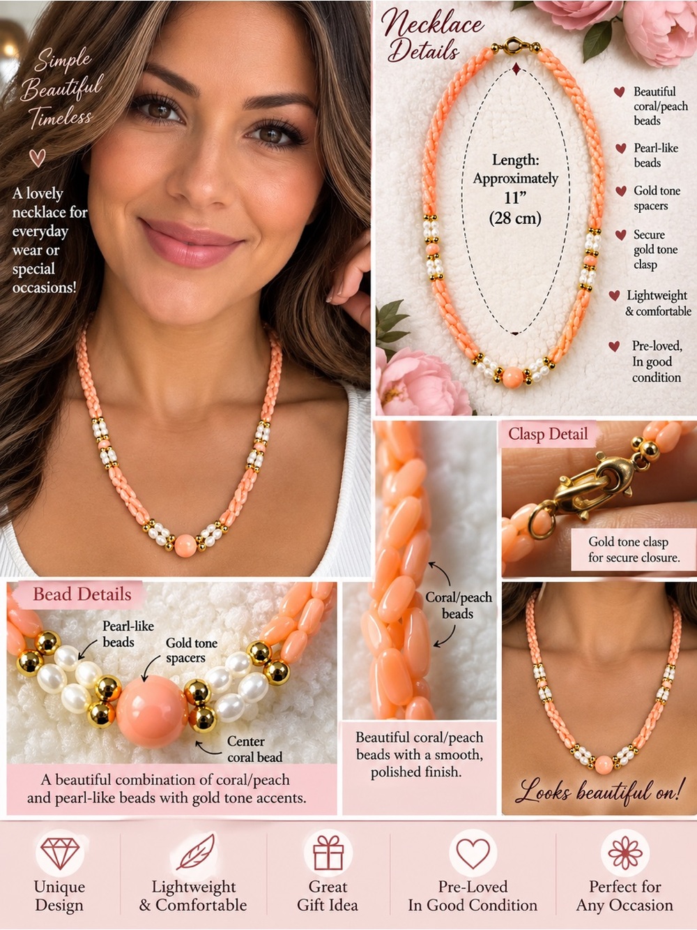 Coral/Peach Beaded Necklace with Gold Accents